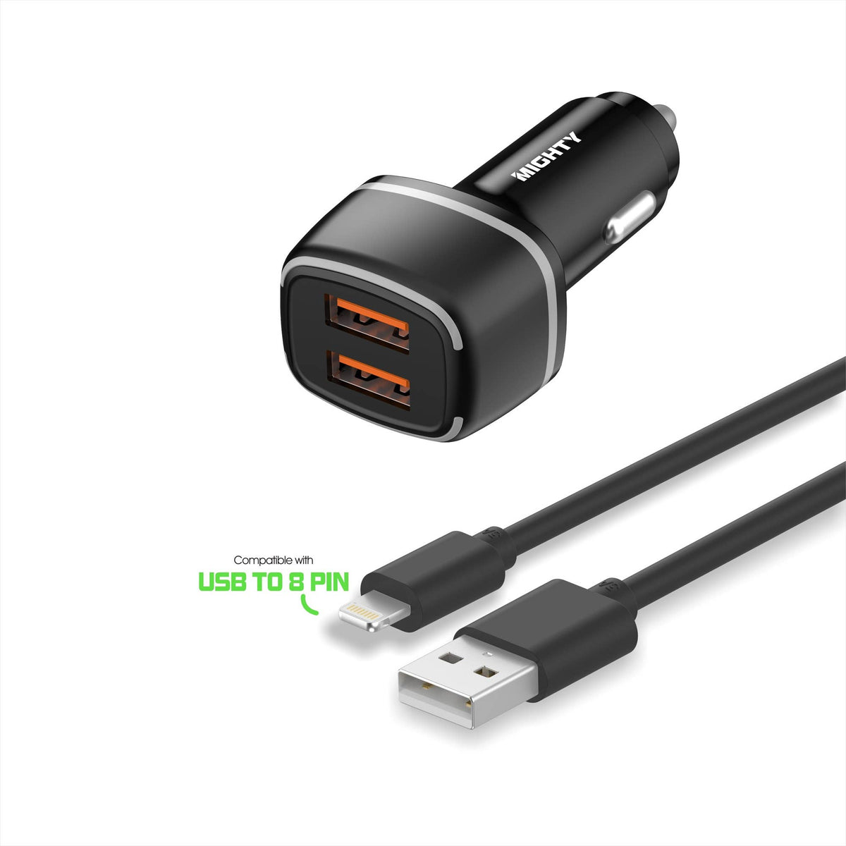 Mighty Fast Dual USB KFZ-Ladegerät mit 8-Pin Kabel – für iPhone und iPad, Schwarz
