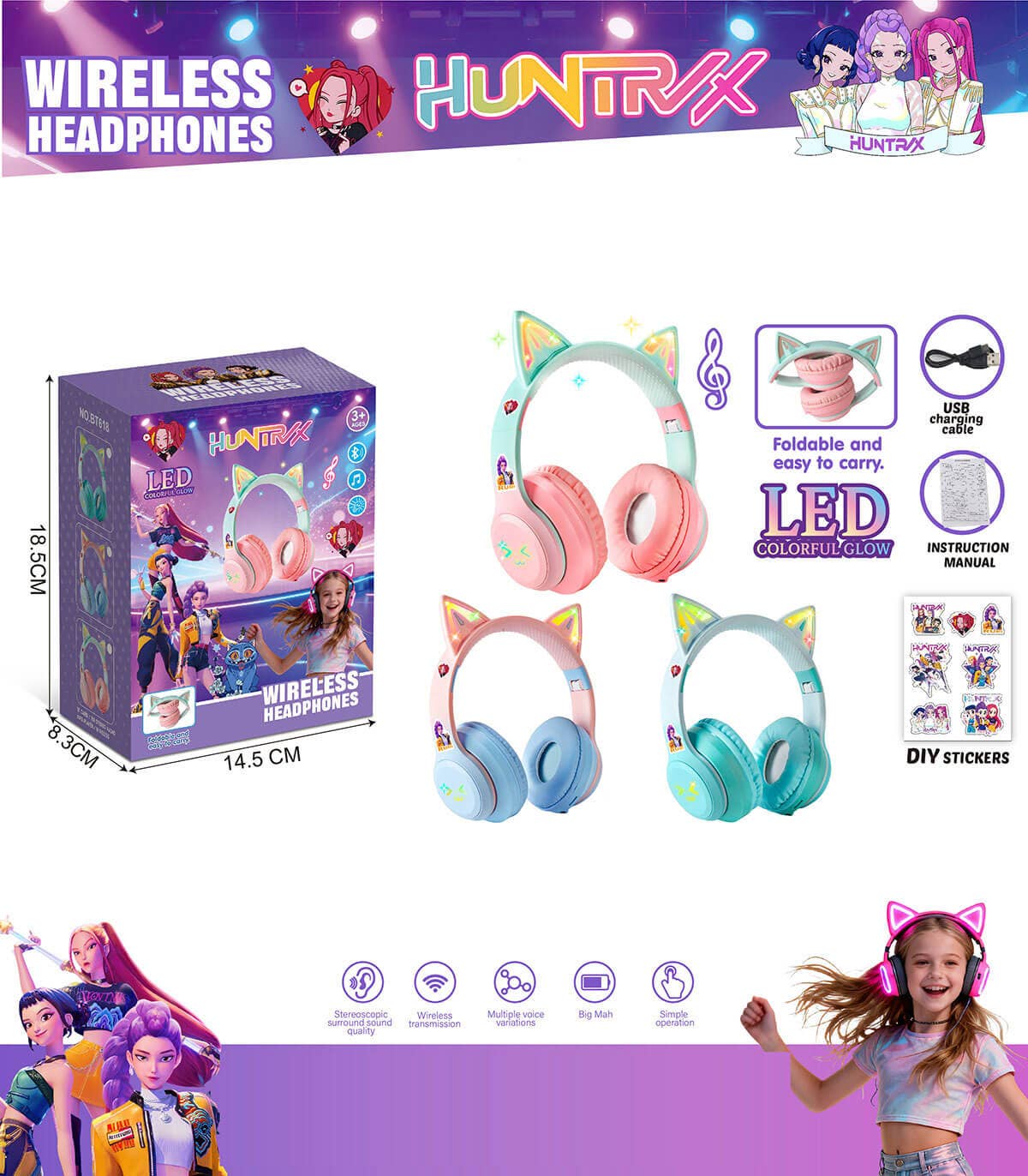 K-Pop Bluetooth Kopfhörer mit Tier-Ohren – Kinder, Teens, kabellos