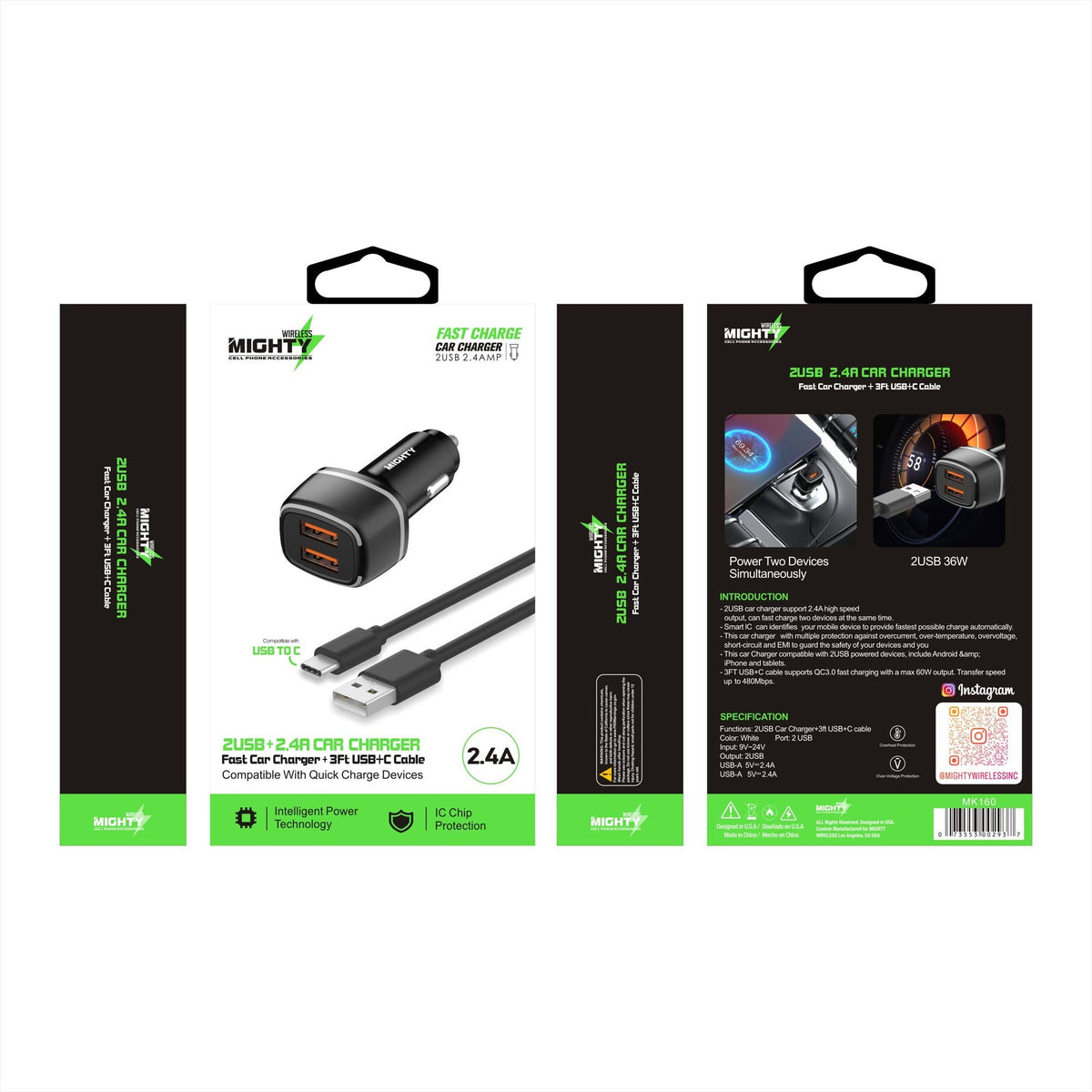 Mighty Fast Dual USB KFZ-Ladegerät mit USB-C Kabel – für Android und Tablets, Schwarz
