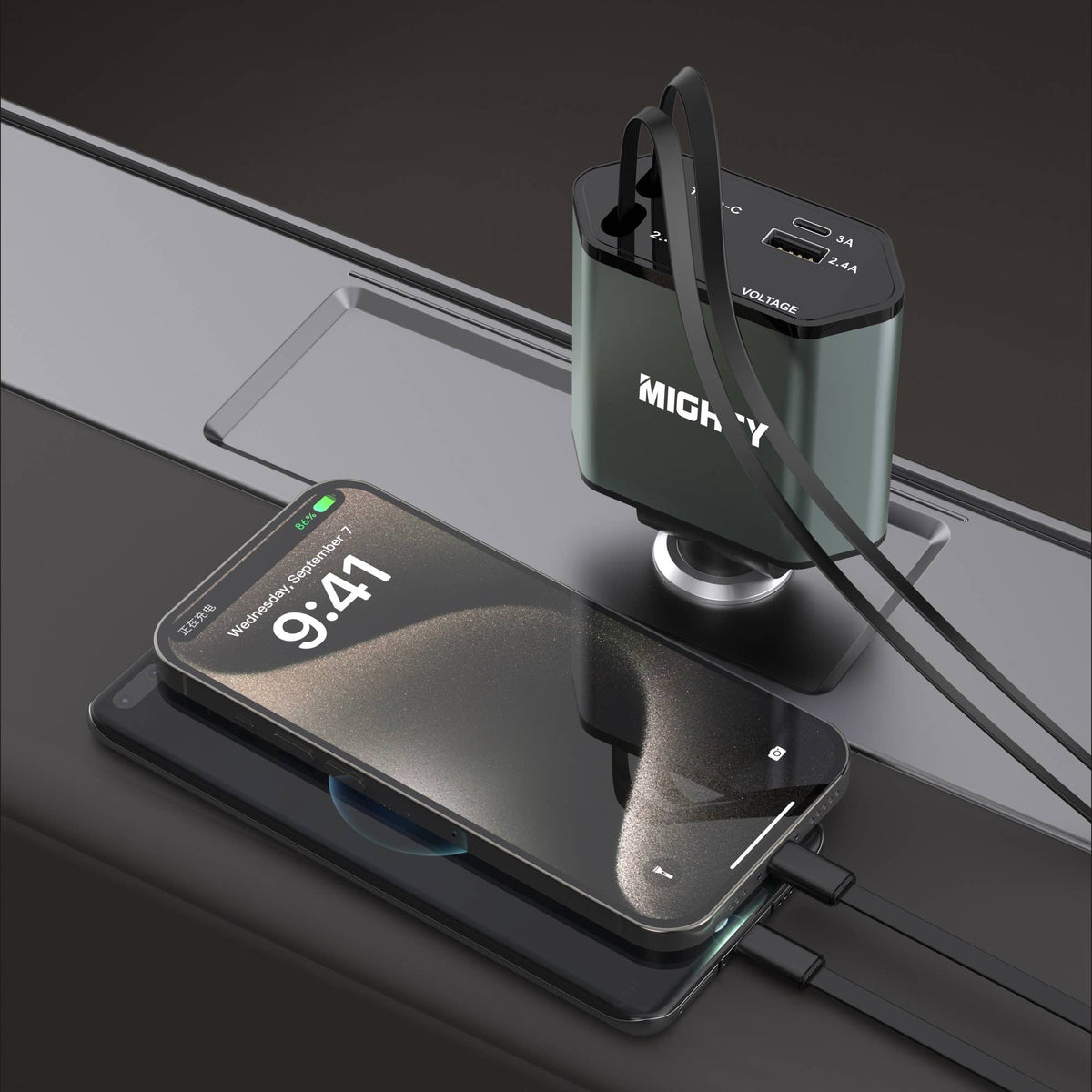 MK151 65W KFZ-Schnellladegerät – 4-in-1 einziehbares Kabel, USB-C, Lightning