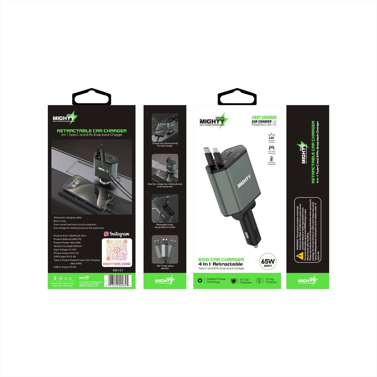 MK151 65W KFZ-Schnellladegerät – 4-in-1 einziehbares Kabel, USB-C, Lightning