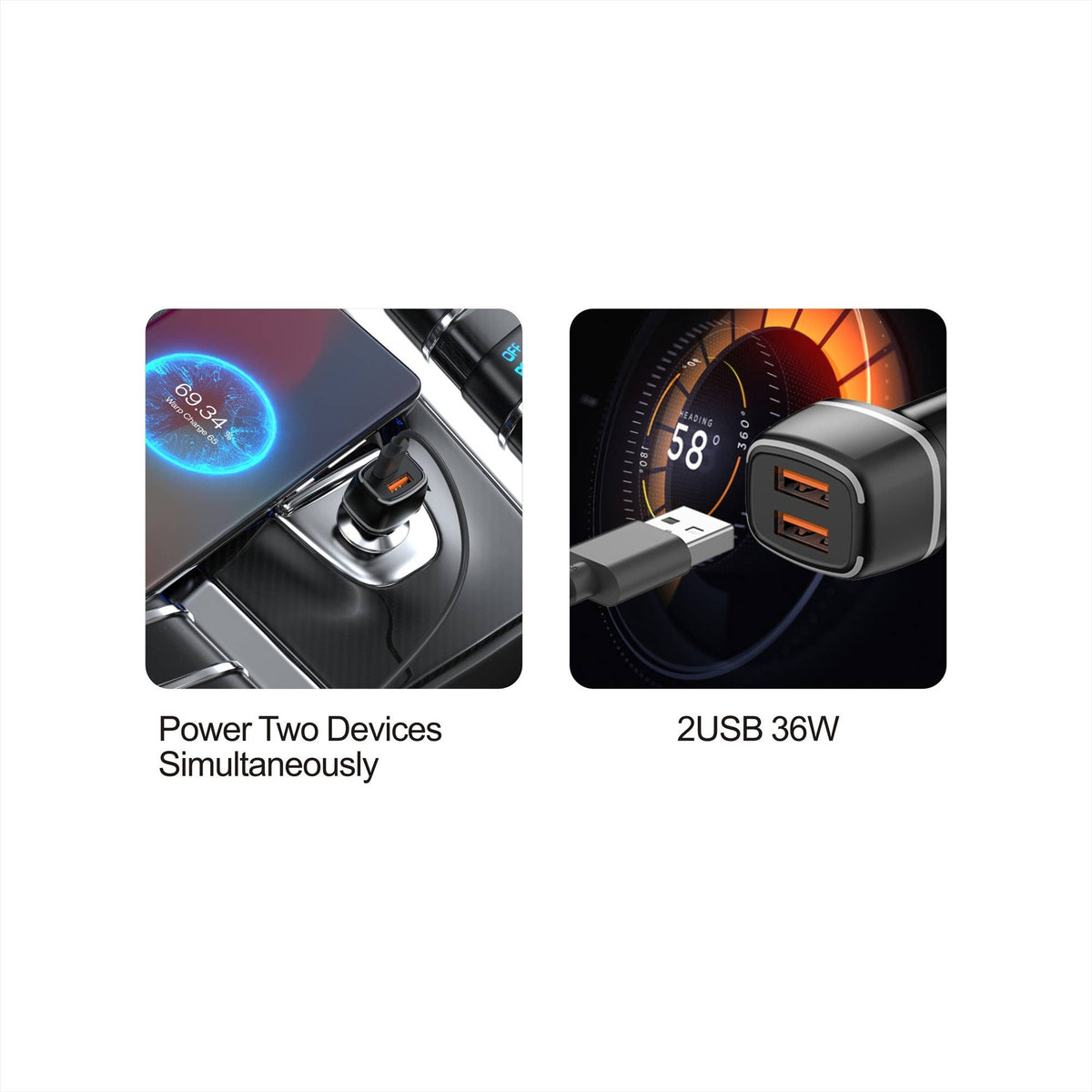 Mighty Fast Dual USB KFZ-Ladegerät mit USB-C Kabel – für Android und Tablets, Schwarz