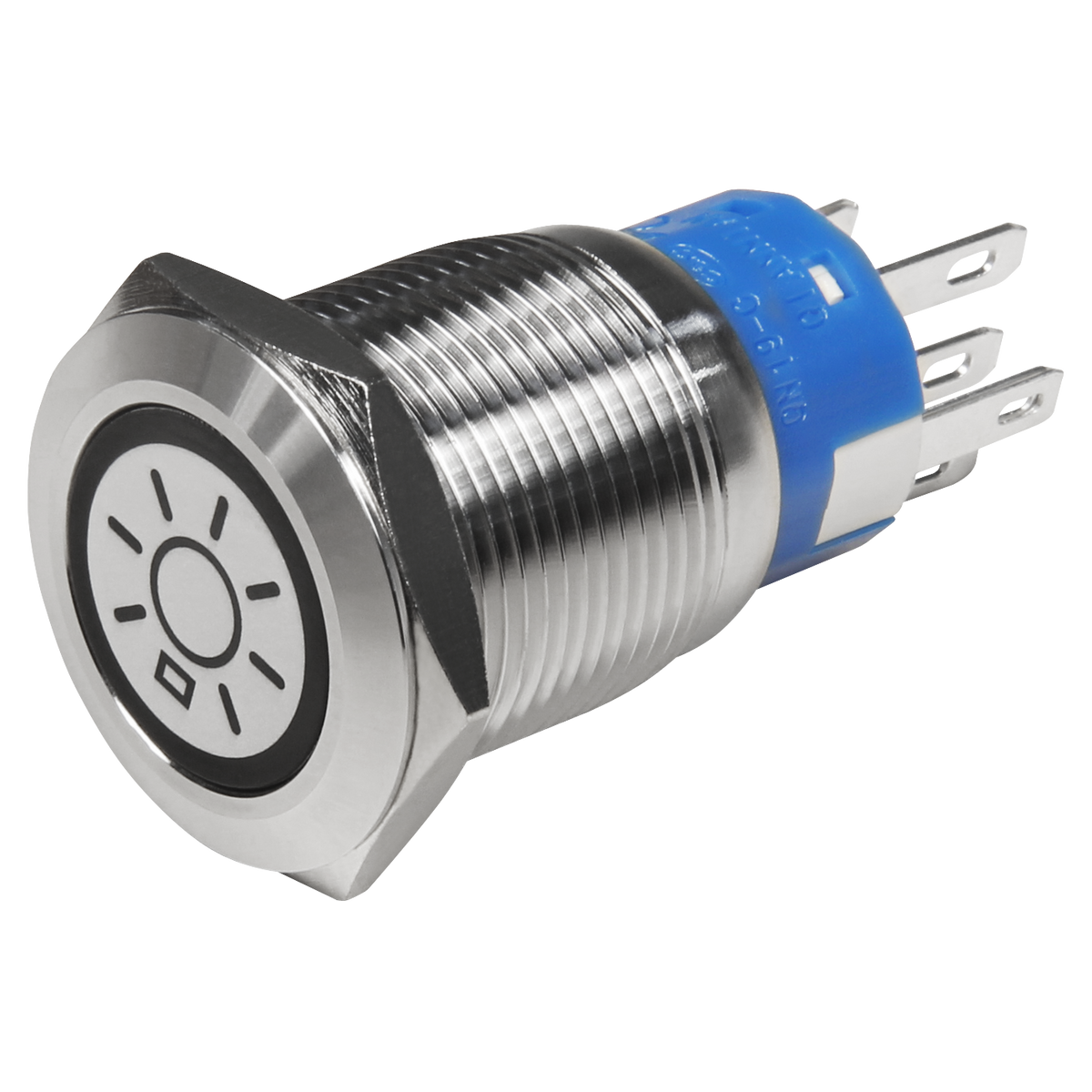Vollmetalltaster mit Lichtsymbol, LED Beleuchtung weiss, 12V, 19mm
