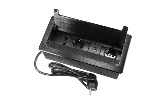 Tisch-Einbausteckdose, 2-fach, 2x USB, 2xRJ45, schwarz, mit Staubschutz, 3600W