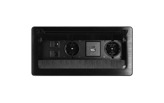 Tisch-Einbausteckdose, 2-fach, 2x USB, 2xRJ45, schwarz, mit Staubschutz, 3600W