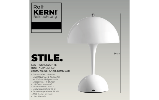 LED-Tischleuchte ROLF KERN „Stil“ 24cm, weiß, Akku, dimmbar