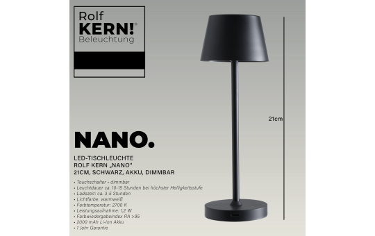 LED-Tischleuchte ROLF KERN „Club Nano“ 21cm, schwarz, Akku, dimmbar