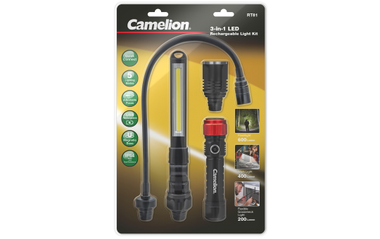 3-in-1 wiederaufladbares Aluminium-Licht-Sortiment CAMELION