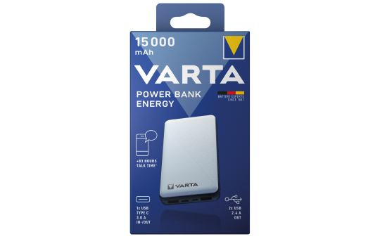 Akku Powerbank, VARTA, 5V/15.000mAh, Energy, weiß, 2xUSB-A/Micro-B/-C
