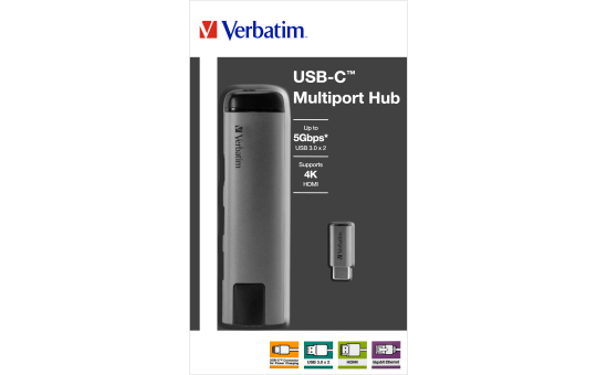 USB-C Multiport-Hub von Verbatim, USB 3.0, HDMI, SD, Ethernet, 15cm Kabel