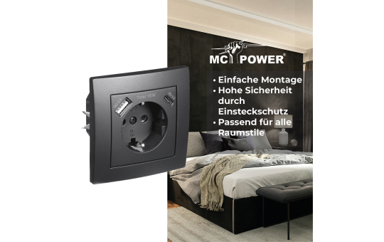 Schutzkontakt-Steckdose McPower ''Flair'' 1x USB-C 18W PD, 1x USB-A, matt schwarz