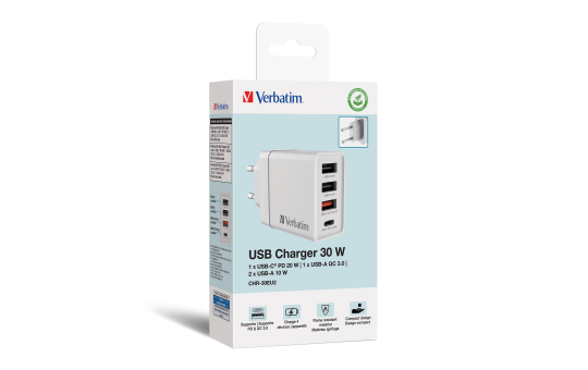 Ladeadapter Verbatim ''CHR-30EU2'', 30W, weiß, 2xUSB-A, 1xUSB-A QC, 1xUSB-C PD