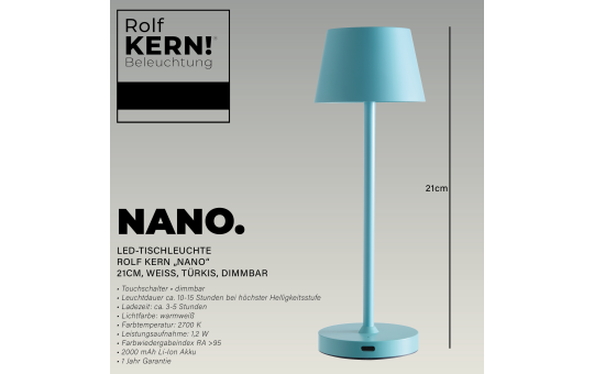LED-Tischleuchte ROLF KERN „Club Nano“ 21cm, Türkis, Akku, dimmbar