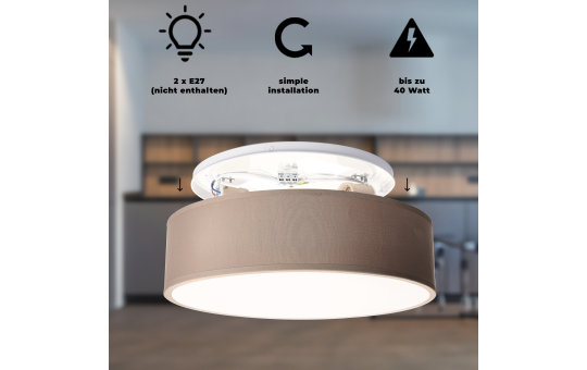 Deckenleuchte EINLICHT ''Fabric'' für 2x E27, Ø38cm, Taupe, Stoffschirm