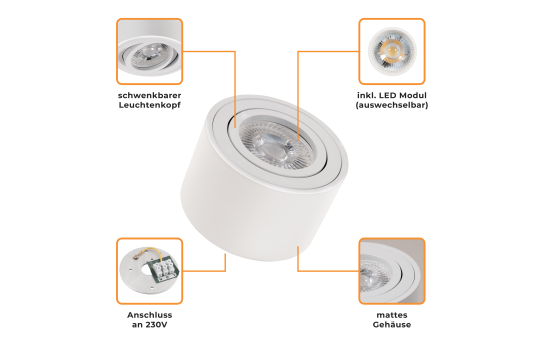 LED-Aufbauleuchte McShine, 5W, 400Lumen, 3000K, ØxH 80x50mm, 10er-Pack