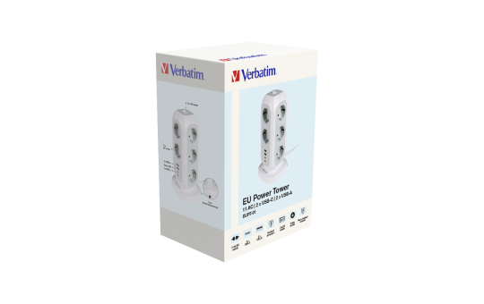 Steckdosen-Tower EUPT-01 Verbatim, 2m Kabel, weiß,11x230V EU, USB-A, 2x USB-C