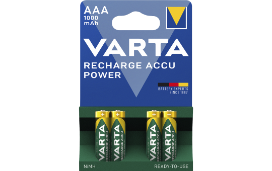Micro-Akku VARTA, Typ AAA, NiMH-Akku, HR03, 1,2V/1000 mAh, Pre-charged, 4er Pack