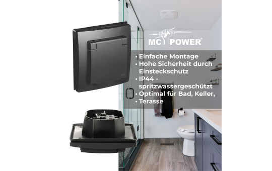 Schutzkontakt-Steckdose McPower ''Flair'', 250V~/16A, UP, IP44, matt schwarz