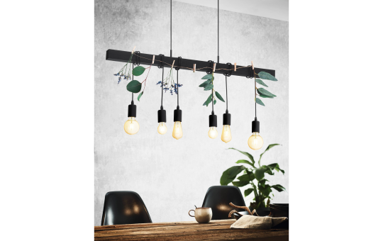Hängeleuchte EGLO ''Townshend Black'', 6-flammig, E27, Stahl, Holz, schwarz