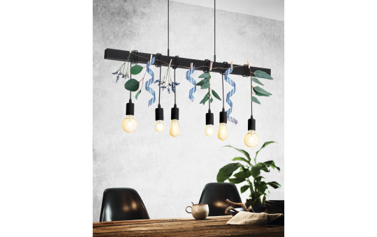 Hängeleuchte EGLO ''Townshend Black'', 6-flammig, E27, Stahl, Holz, schwarz