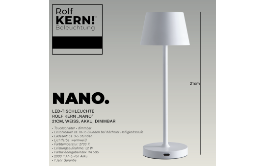 LED-Tischleuchte ROLF KERN „Club Nano“ 21cm, weiß, Akku, dimmbar