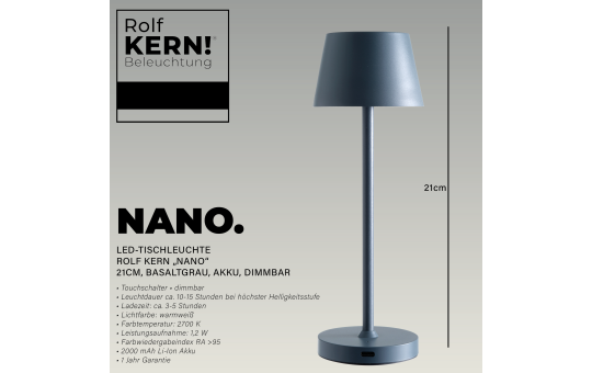 LED-Tischleuchte ROLF KERN „Club Nano“ 21cm, Basaltgrau, Akku, dimmbar