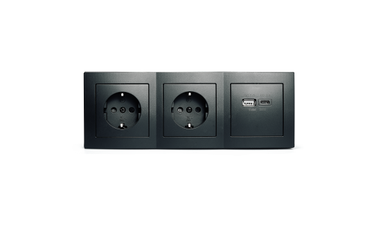 Steckdosenblock McPower ''Flair'' matt schwarz, 2-fach Schutzkontakt + 2x USB A+C