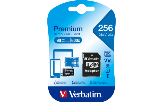 Micro SDHC Card Verbatim, 256GB Speicherkapazität, inkl. Adapter, Class 10