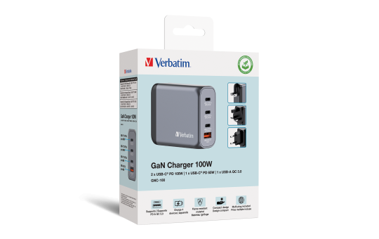 Ladeadapter Verbatim, Universal,GNC-100, GaN, 100W,grau,1x USB-A QC, 3x USB-C PD