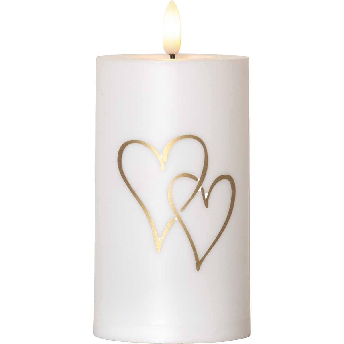 LED-Kerze ''Flamme Heart'' , weiß, 7x14cm, outdoor, Lichtsensor, goldene Herzen