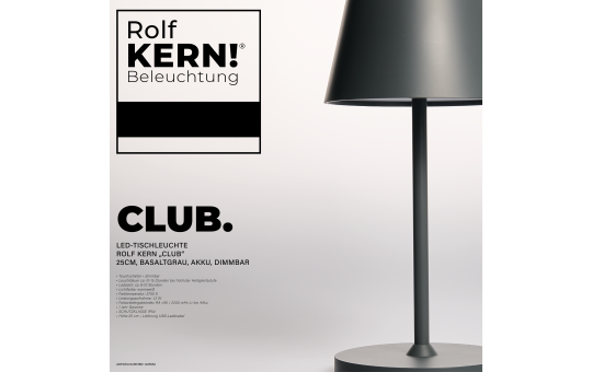 LED-Tischleuchte ROLF KERN „Club Mini“ 25cm, Basaltgrau, Akku, dimmbar