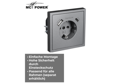 Schutzkontakt-Steckdose McPower ''Shallow'' 1x USB-C - 18W Quickcharge - 1x USB-A