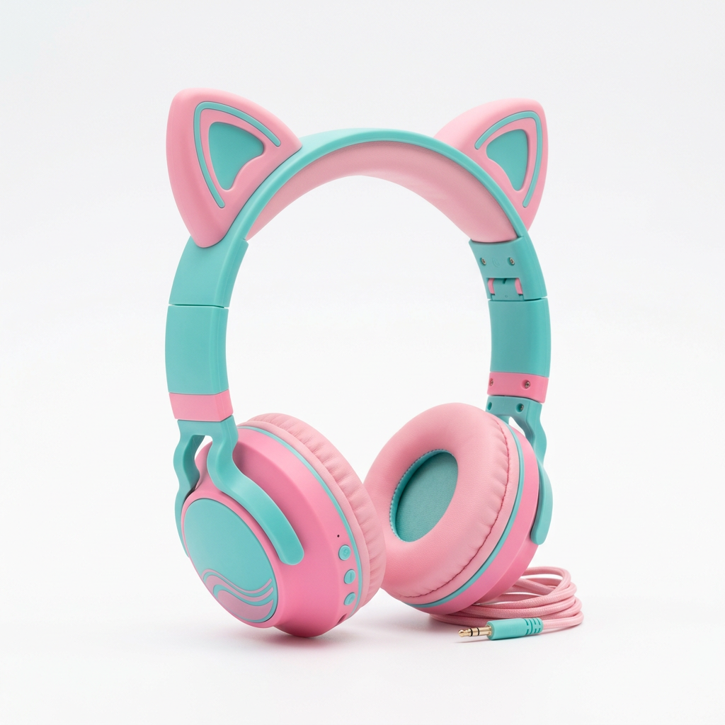 K-Pop Bluetooth Kopfhörer mit Tier-Ohren in Pink und Türkis auf weißem Hintergrund