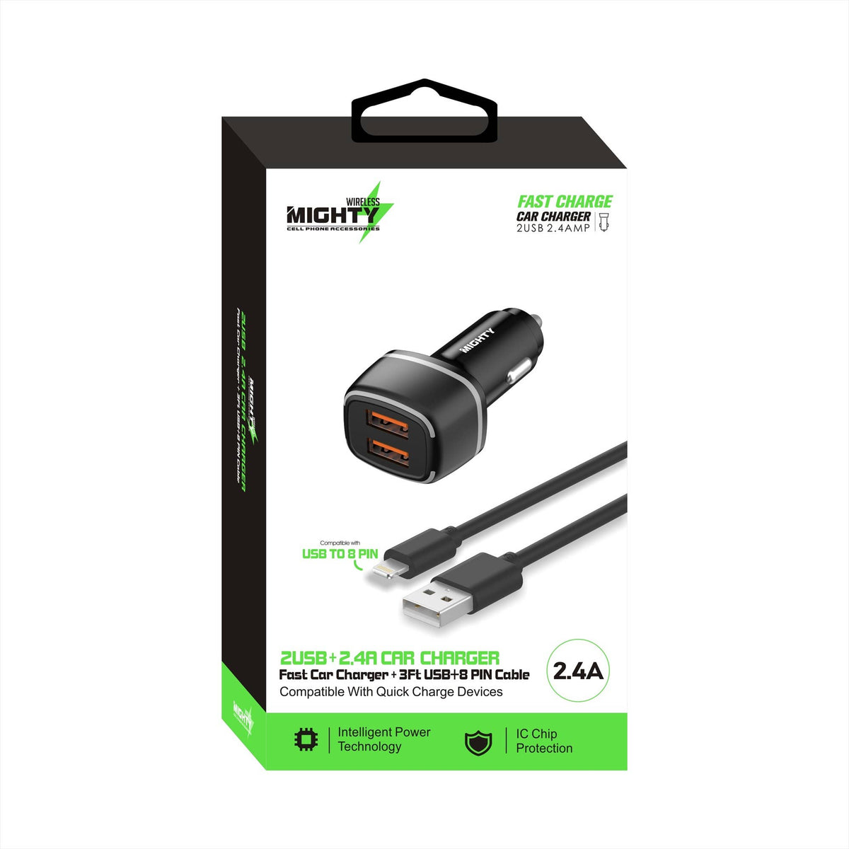 Mighty Fast Dual USB KFZ-Ladegerät mit 8-Pin Kabel – für iPhone und iPad, Schwarz
