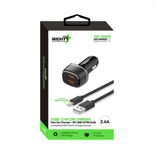 Mighty Fast Dual USB KFZ-Ladegerät mit 8-Pin Kabel – für iPhone und iPad, Schwarz