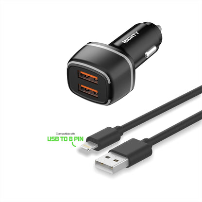 Mighty Fast Dual USB KFZ-Ladegerät mit 8-Pin Kabel – für iPhone und iPad, Schwarz