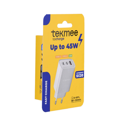45W Schnellladeadapter mit 3 Anschlüssen – 1x USB-A und 2x USB-C, kompakt