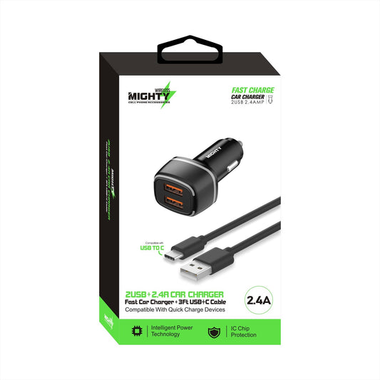 Mighty Fast Dual USB KFZ-Ladegerät mit USB-C Kabel – für Android und Tablets, Schwarz