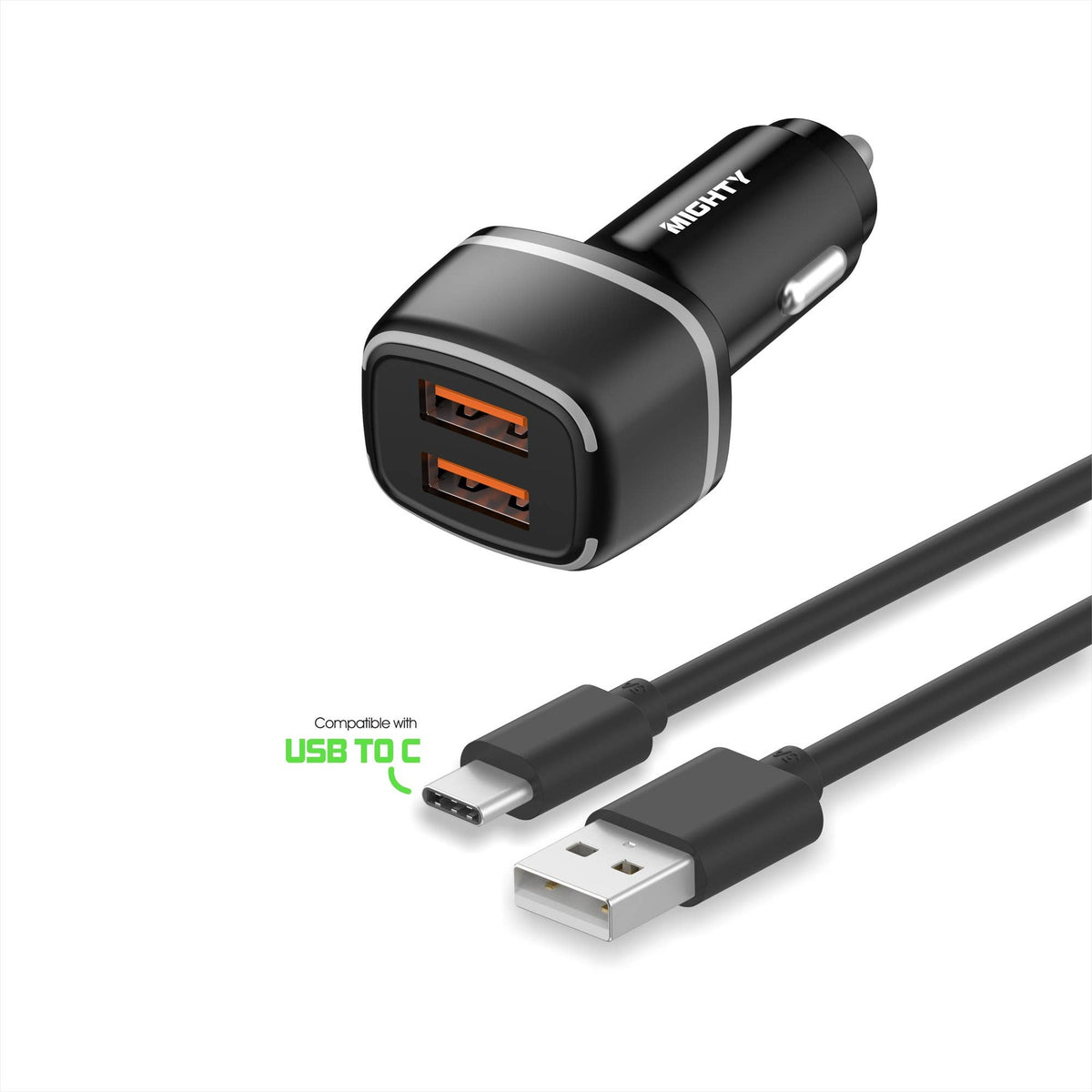 Mighty Fast Dual USB KFZ-Ladegerät mit USB-C Kabel – für Android und Tablets, Schwarz