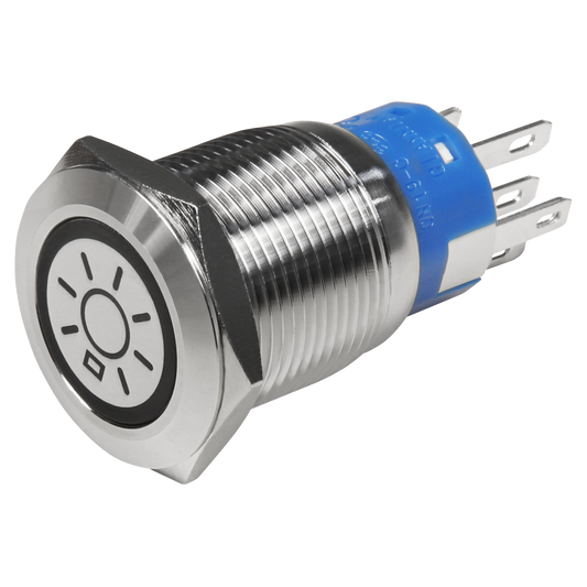 Vollmetalltaster mit Lichtsymbol, LED Beleuchtung weiss, 12V, 19mm