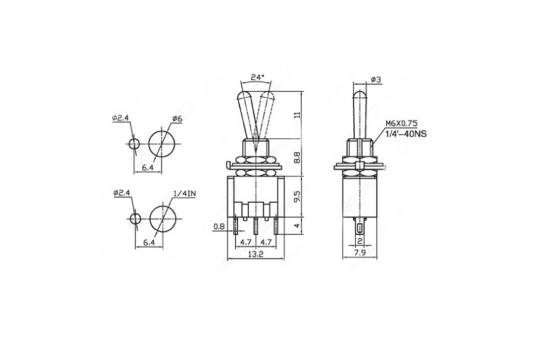 Miniatur-Kippschalter McPower, 250V/3A, 6-polig, 3 Stellungen: EIN / AUS / EIN