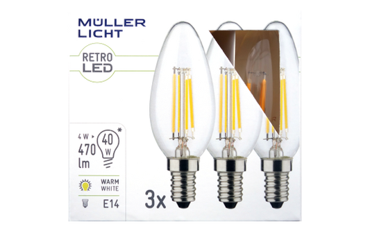 LED Filament Kerzenlampe, E14, 4W, 470lm, 2700K, warmweiß, 3er Set