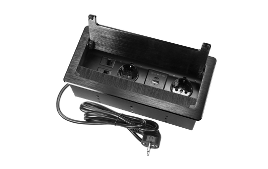 Tisch-Einbausteckdose, 2-fach, 2x USB, 2xRJ45, schwarz, mit Staubschutz, 3600W