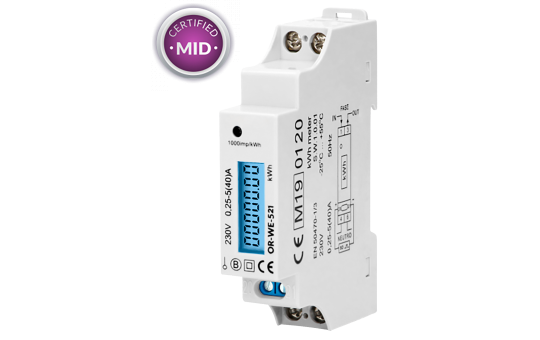 1-phasiger Stromzähler, 40A, MID, Impulsausgang, 1 Modul, DIN TH-35mm