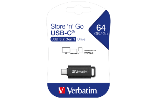 USB-C 3.2 Stick Verbatim, 64GB Speicher, Store 'n' Go, Typ C, Schiebemechanismus