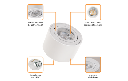 LED-Aufbauleuchte McShine, 5W, 400Lumen, 3000K, ØxH 80x50mm