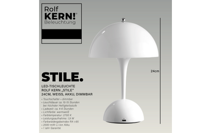 LED-Tischleuchte ROLF KERN „Stil“ 24cm, weiß, Akku, dimmbar