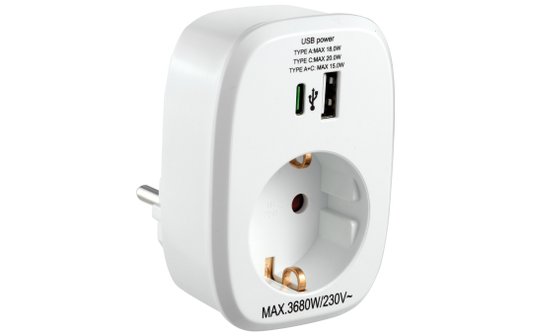 Zwischenstecker McPower, 1x USB-A + 1x USB-C PD20W