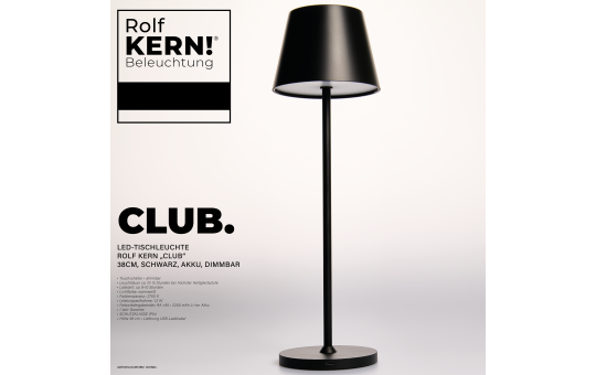LED-Tischleuchte ROLF KERN „Club“ 38cm, schwarz, Akku, dimmbar