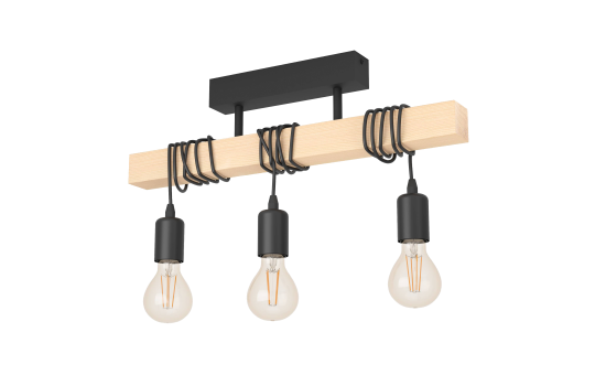Deckenleuchte EGLO ''Townshend'', 3-flammig, Holz/schwarz, E27, 55x10,5x26,5cm
